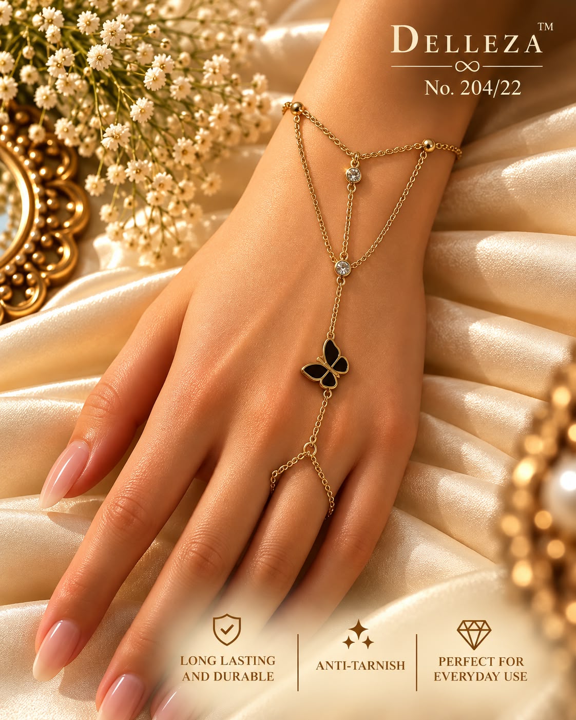 Anti-Tarnish Gold-Tone Black Butterfly Hand Harness Bracelet with Ring