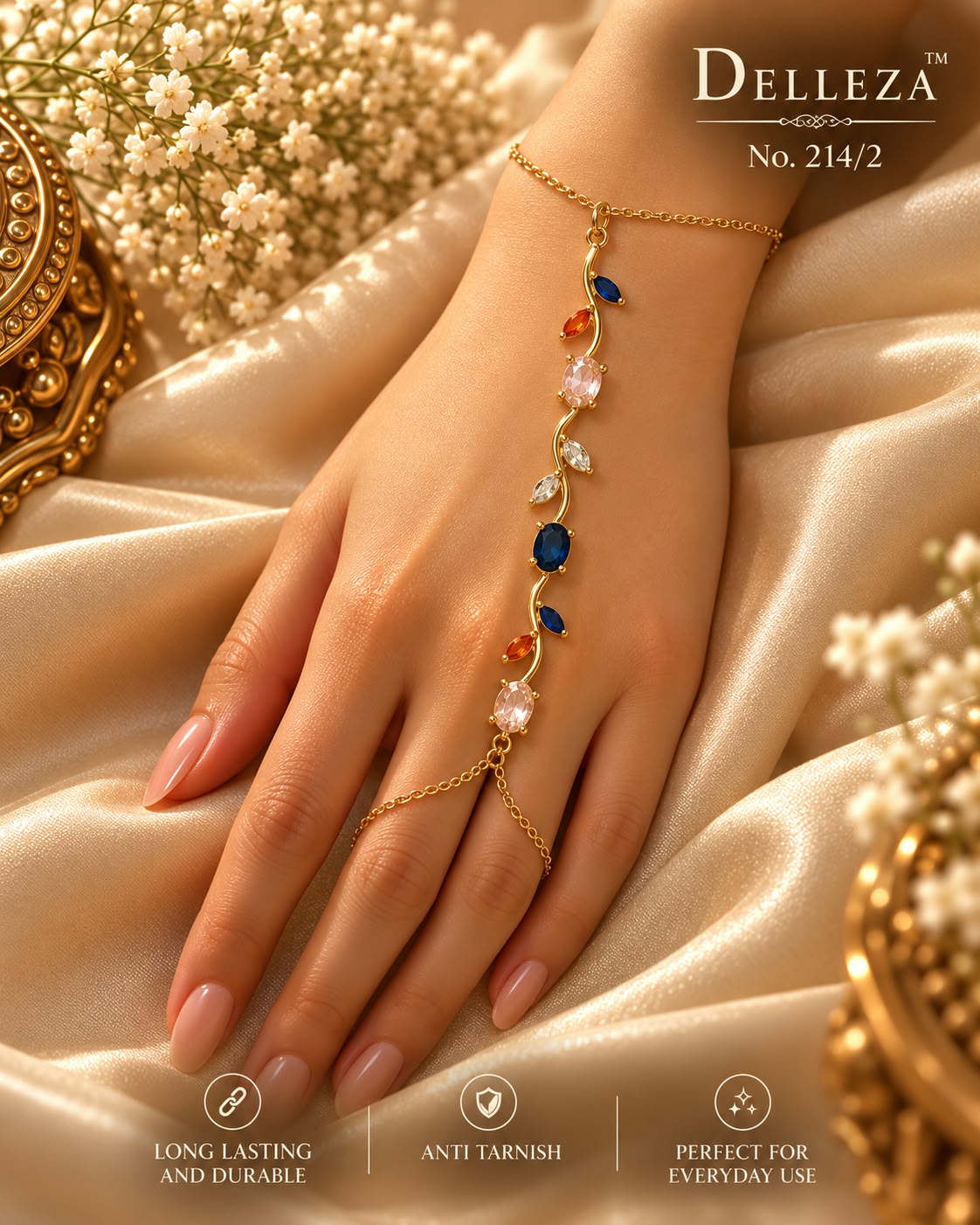 Gold-Tone multicolour tulip Crystal Leaf Hand Harness Bracelet with Ring