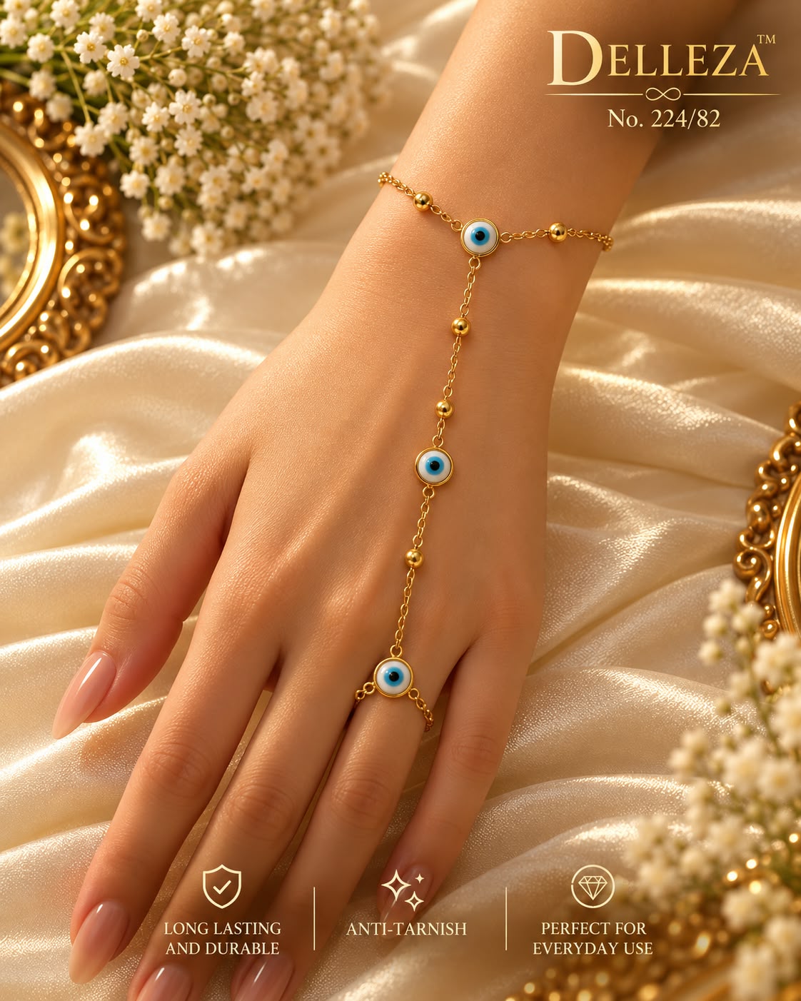 Gold chain with Blue Evil Eye Hand Harness Bracelet with Ring