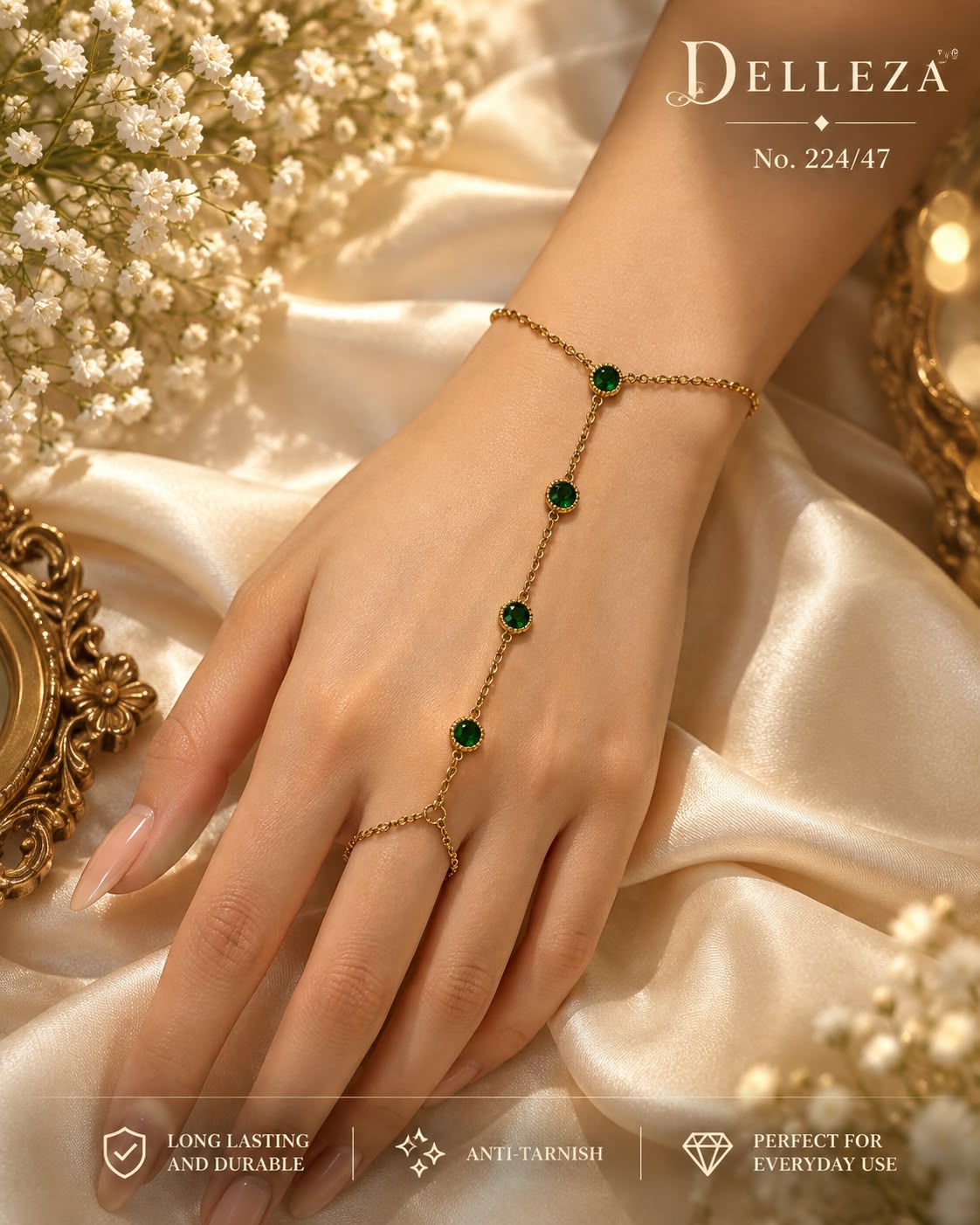 Green Crystal Hand Harness Bracelet with Ring