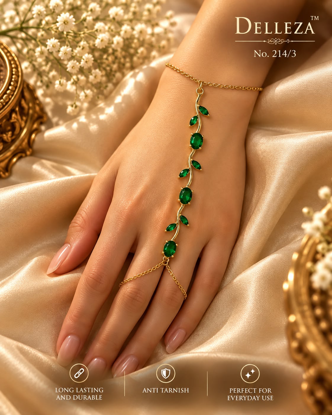Gold-Tone green tulipCrystal Leaf Hand Harness Bracelet with Ring