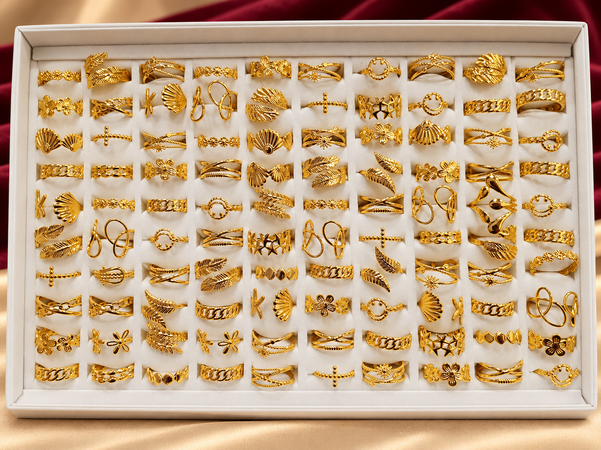 Gold-Tone Assorted Fashion   Rings Box --(100 psc ring )