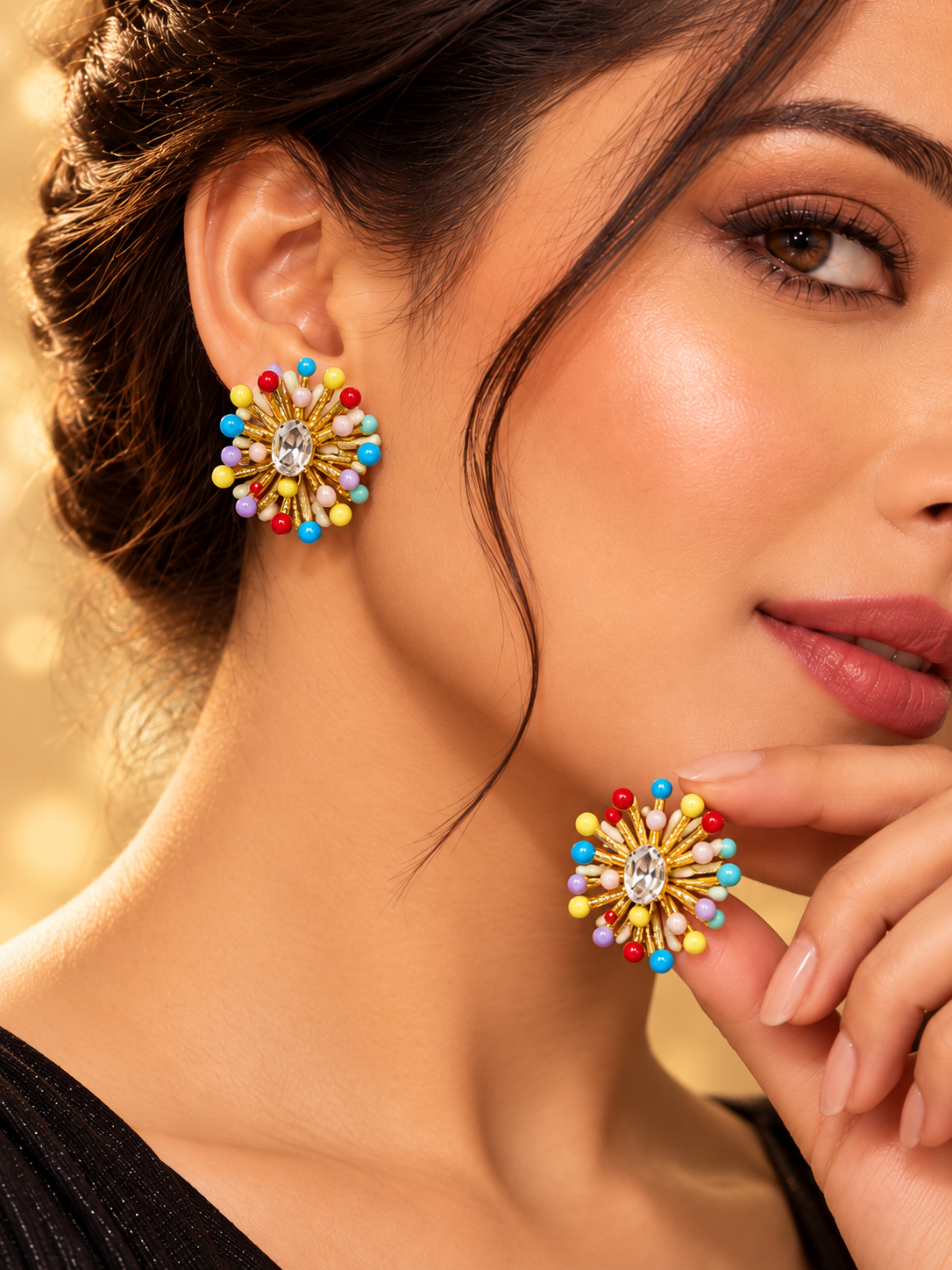 Multicolor Starburst Stud Earrings with Oval Centre Stone