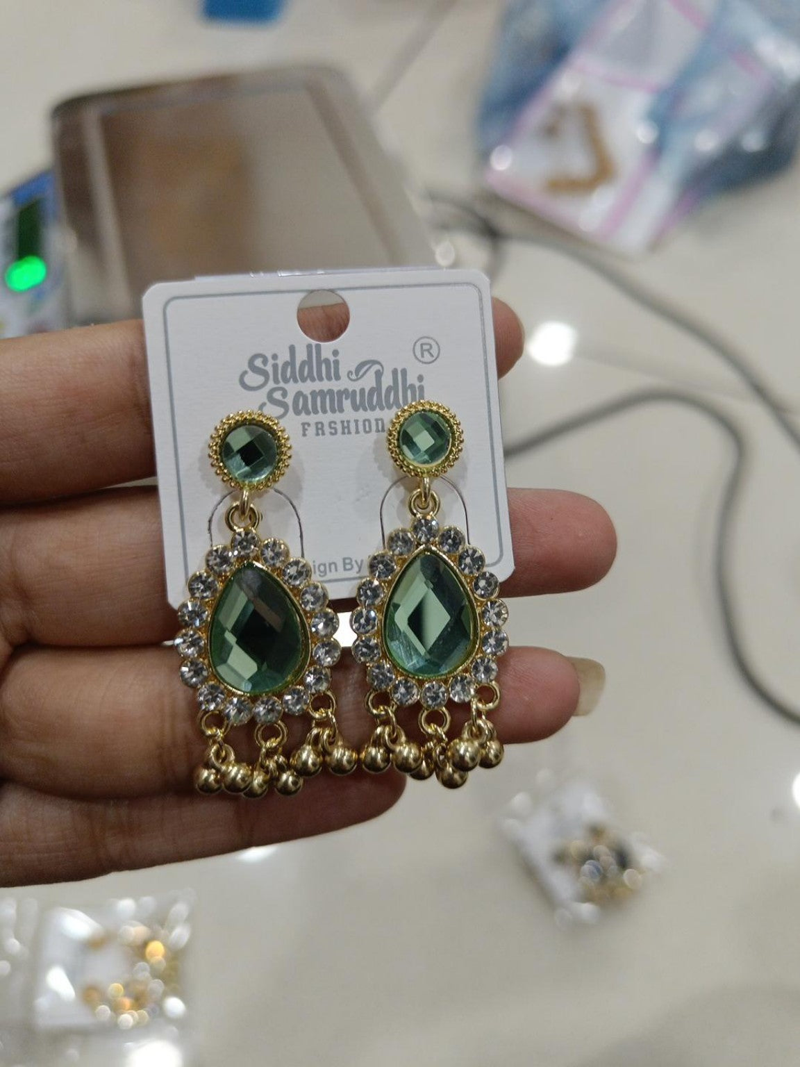 Green Teardrop Stone Dangle Earrings with Crystal Halo