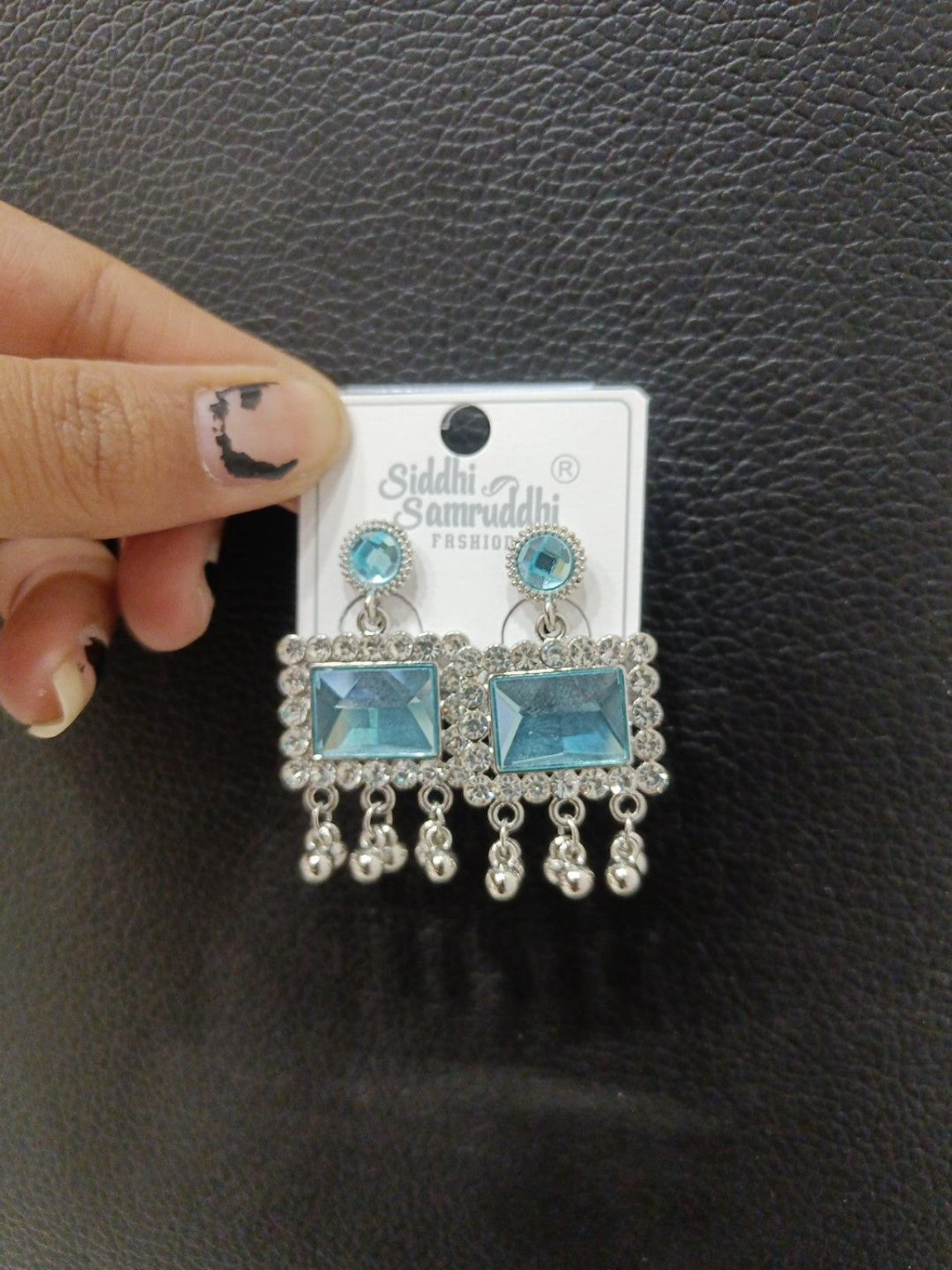 Aqua Blue Square Crystal Dangle Earrings with Rhinestone Border