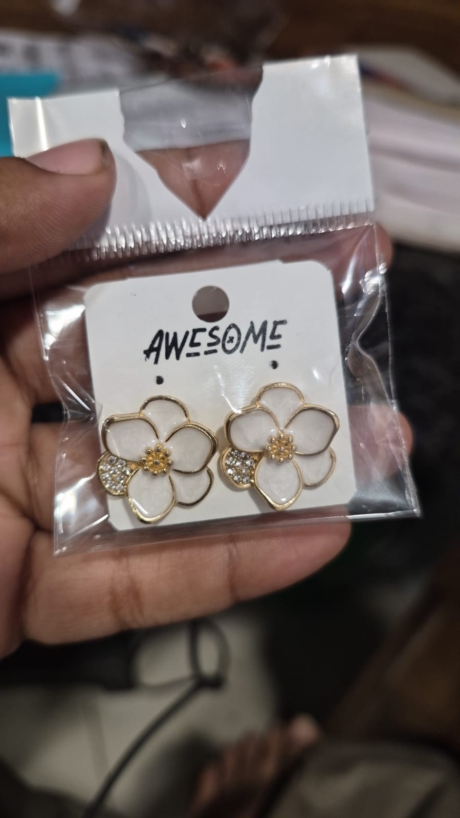 White Enamel Flower Stud Earrings with Gold-Tone Trim and Crystal Accent