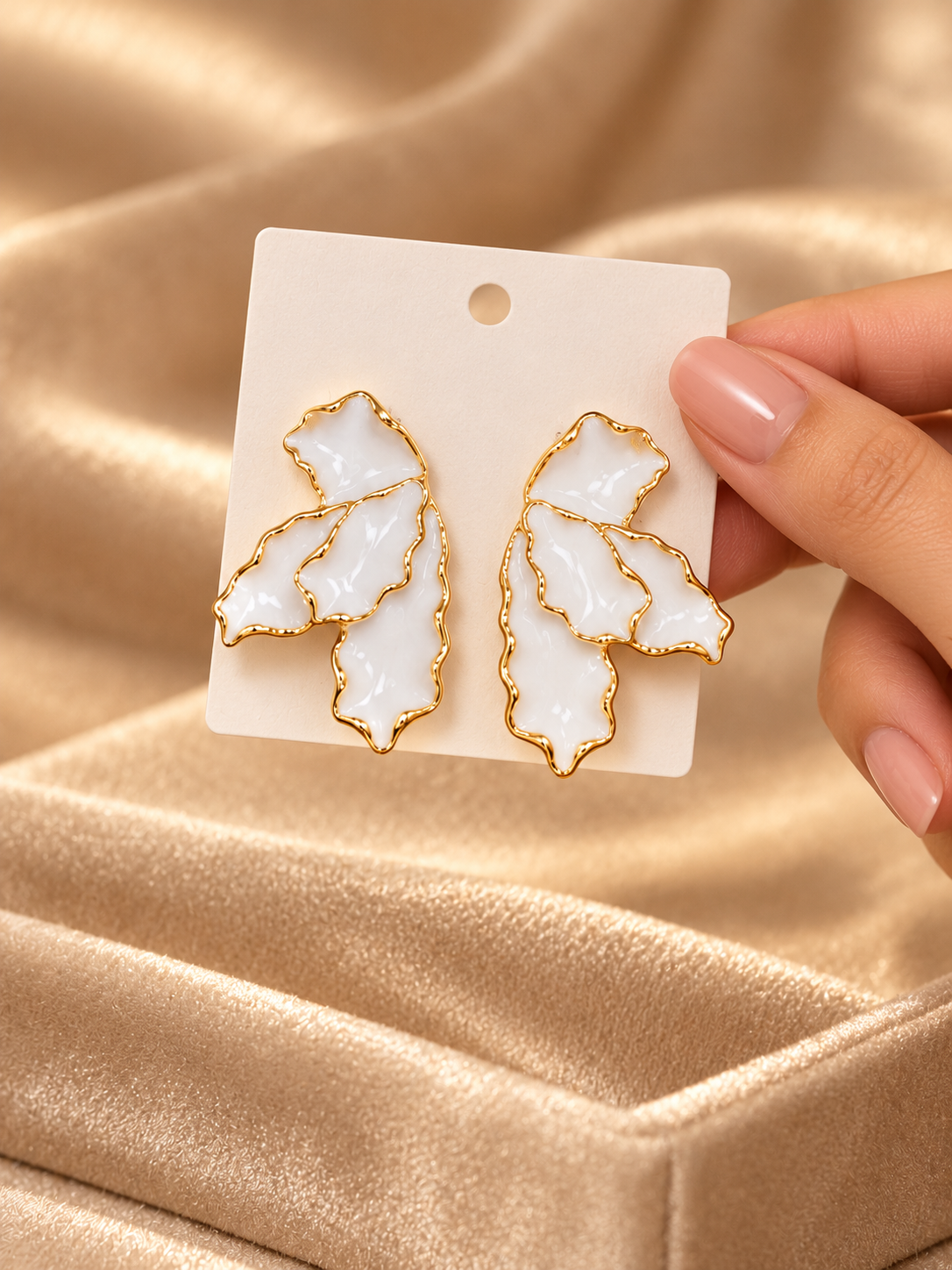 White Abstract Floral Earrings with Gold-Tone Outline
