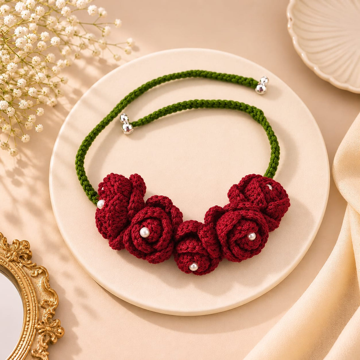 Handmade Crochet Rose Gajra for Hair – Burgundy Flowers with Green Tie Cord