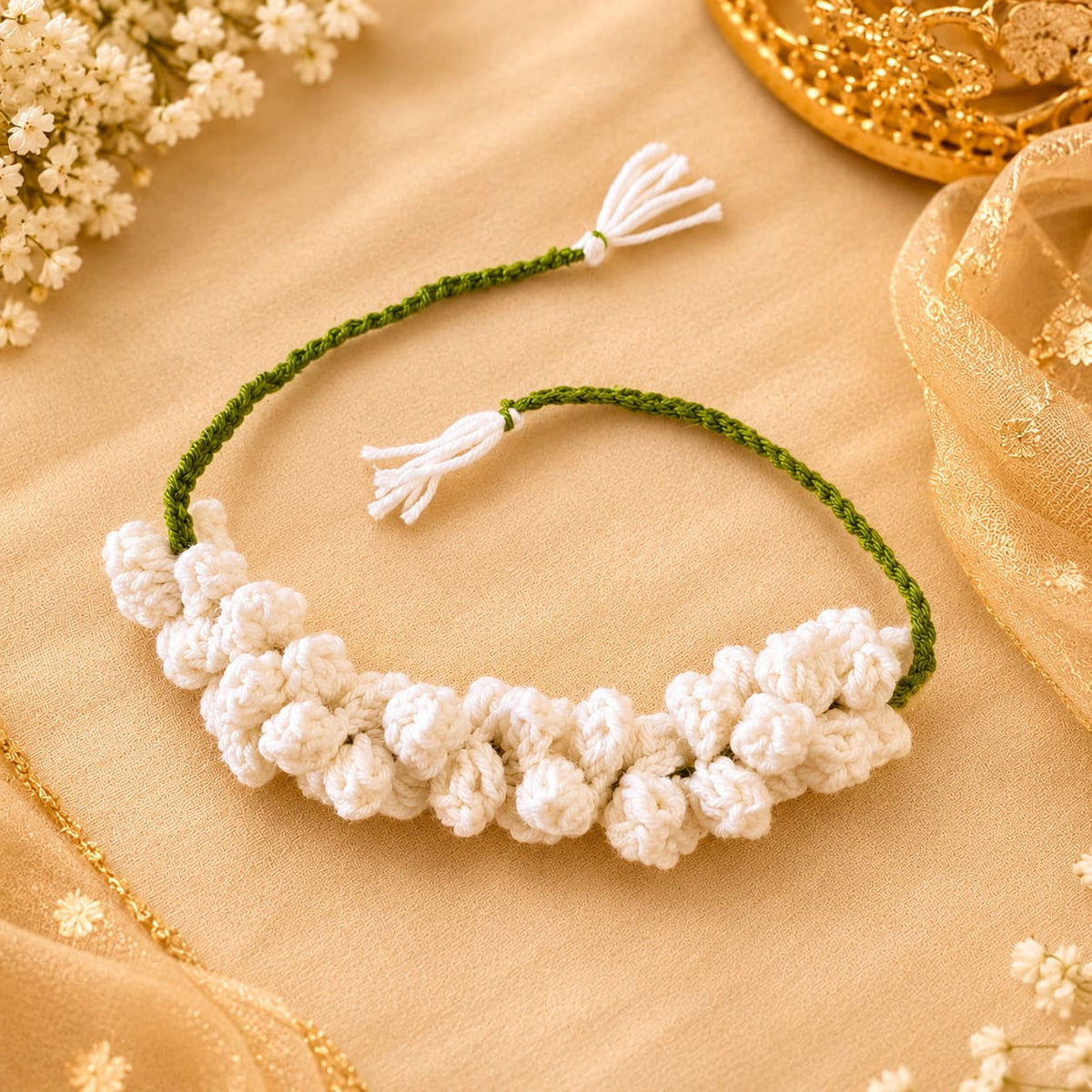 Handmade Crochet Mogra Gajra – White Floral Hair Paranda with Green Tie Strings