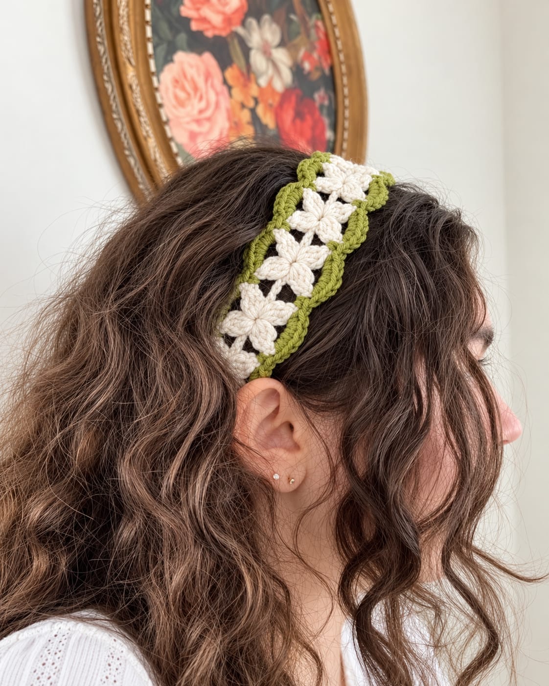 Handmade Crochet Daisy Headband – Olive Green & Ivory Floral Hairband set of 2 psc