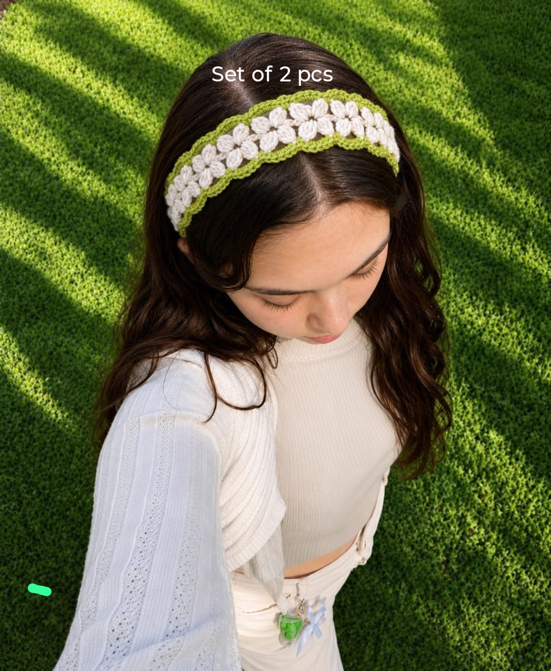 Handmade Crochet Daisy Headband – Olive Green & Ivory Floral Hairband set of 2 psc