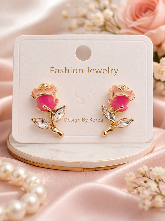 Cute Rose Crystal Stud Earrings – Korean Style