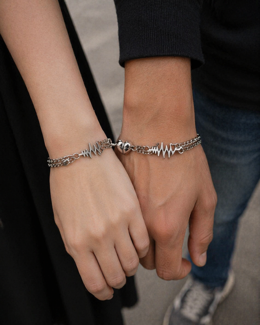 Double layer Couple Heart Magnet Bracelet – Silver Linked Love Band