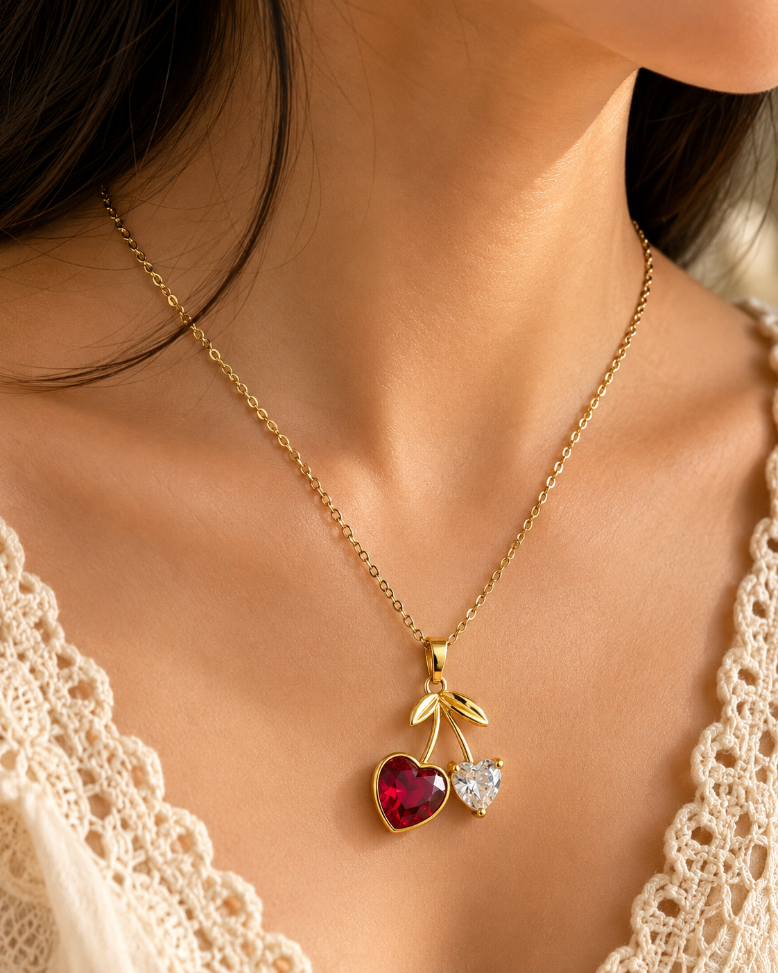 Anti Tarnish Heart Cherry Necklace