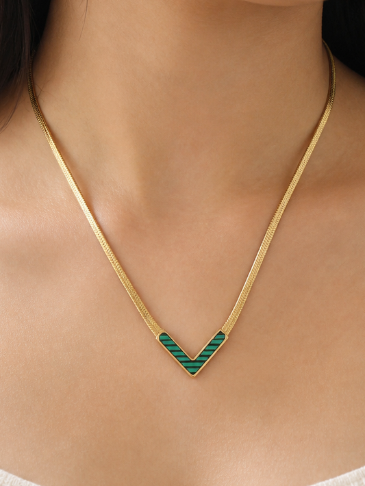 Anti Tarnish Gold V-Shaped Green Pendant Necklace