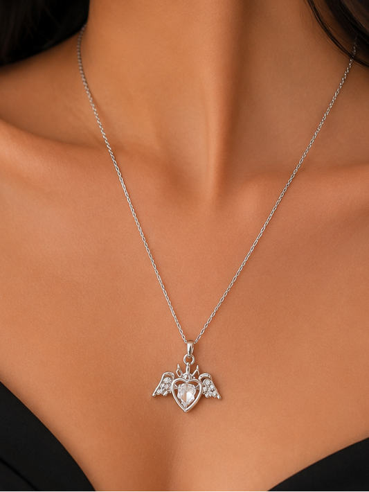 Silver Heart Wing Diamond Pendant Necklace