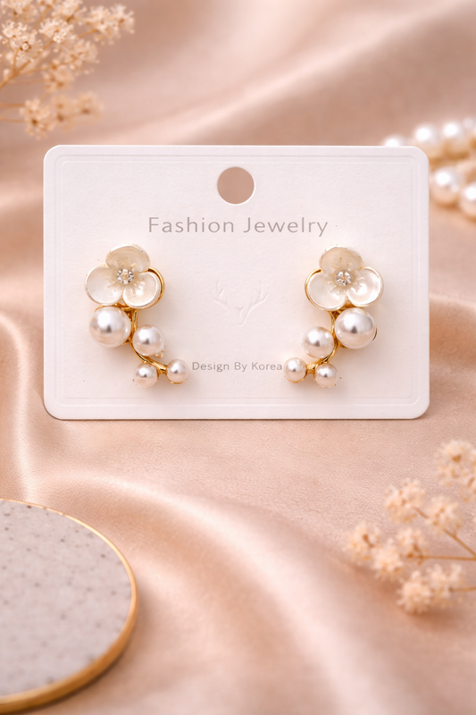 Floral Pearl Chain Earrings – Korean Style