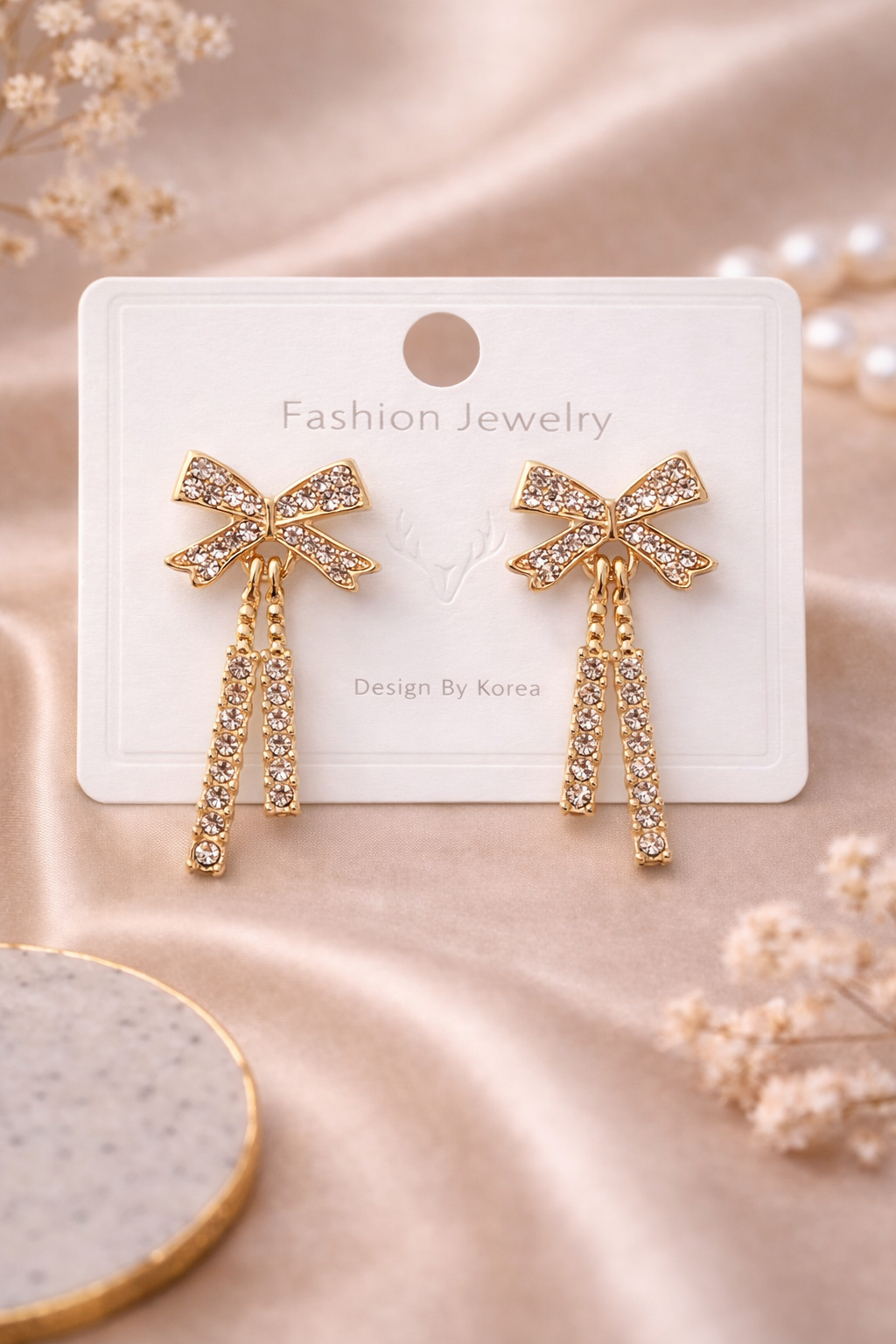 Crystal Bow Drop Earrings – Korean Style