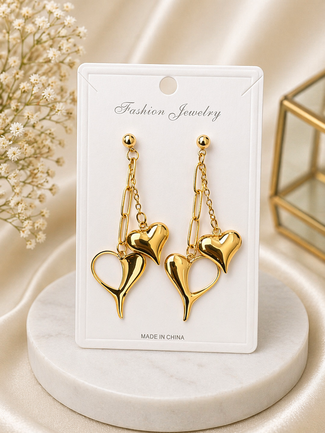 Anti Tarnish Double Heart Drop Earrings – Gold Chain Hanging Design