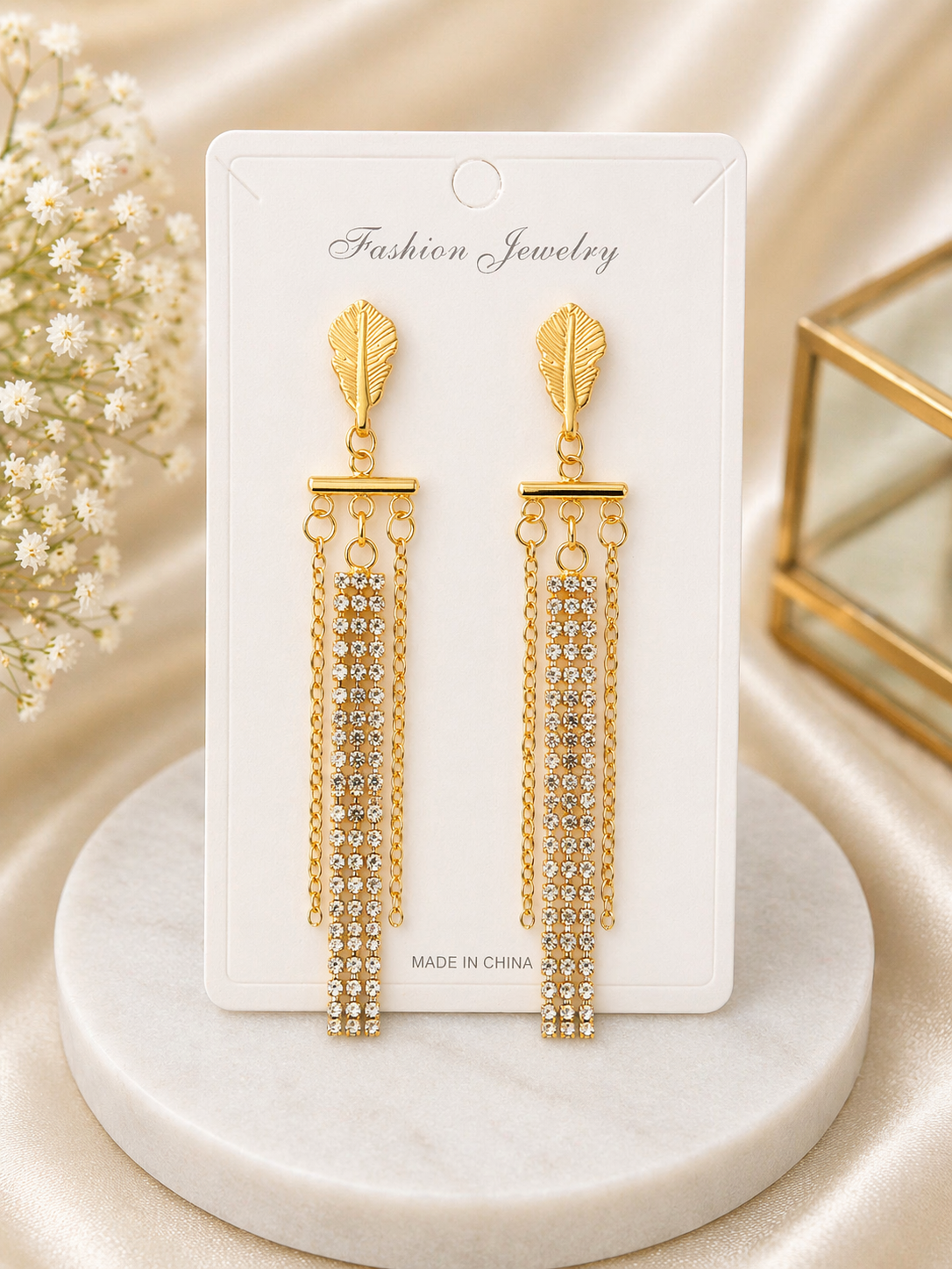 Anti Tarnish Leaf Crystal Tassel Earrings – Gold Chain Drop Design