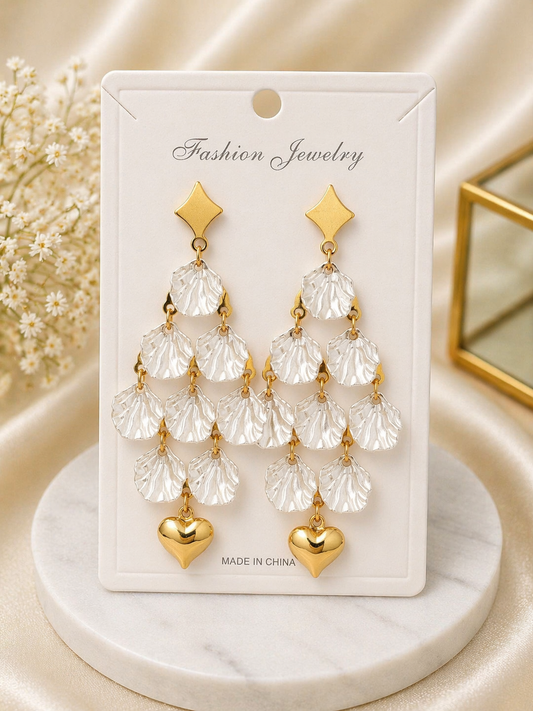 Anti Tarnish Layered Shell Drop Earrings – Gold Heart Hanging Design