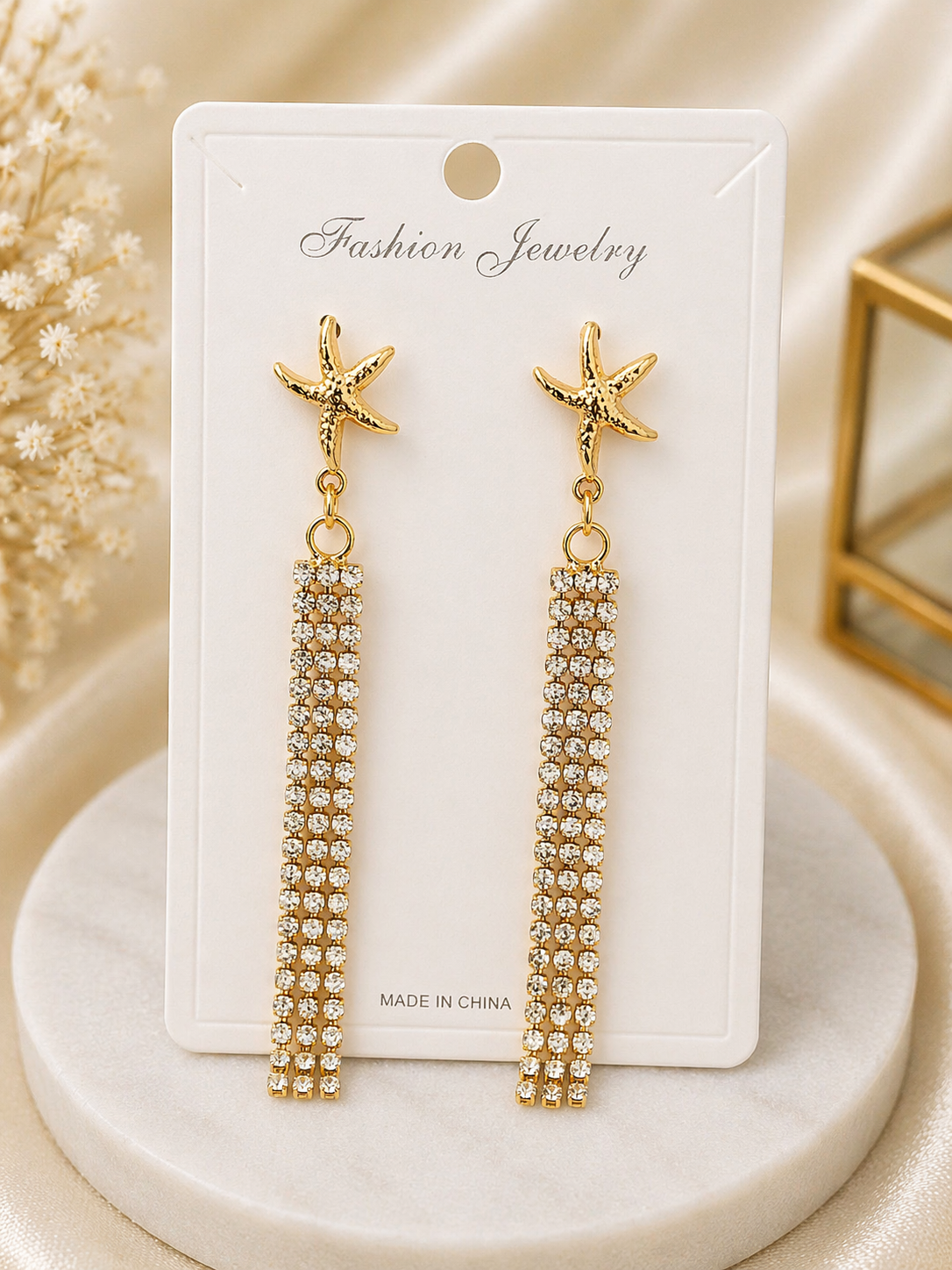 Anti Tarnish Starfish Crystal Tassel Earrings – Gold Long Drop Design