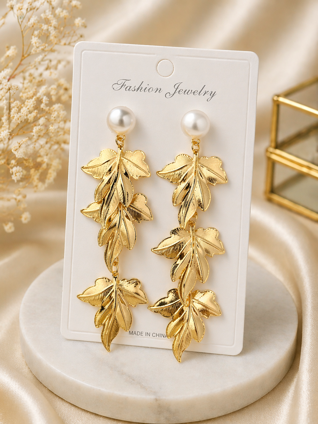 Anti Tarnish Leaf Pearl Drop Earrings – Gold Layered Hanging Design