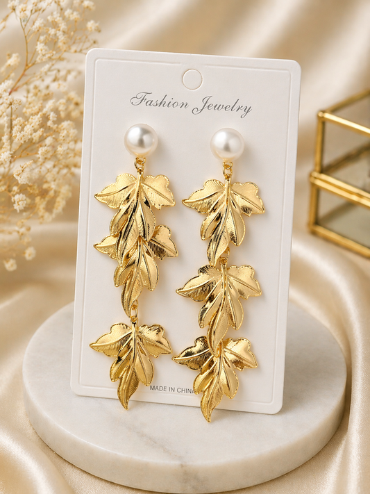 Anti Tarnish Leaf Pearl Drop Earrings – Gold Layered Hanging Design