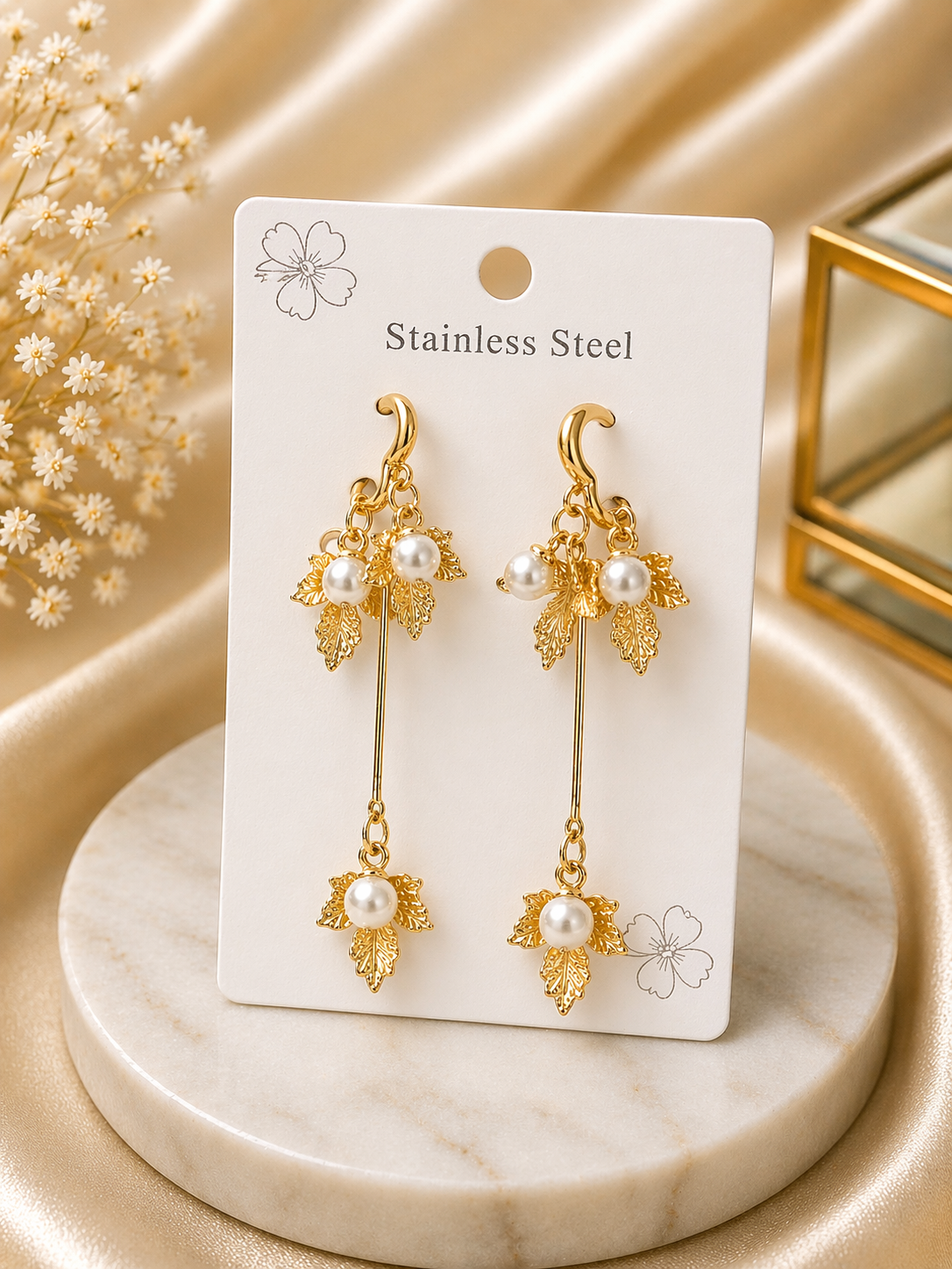 Anti Tarnish Leaf Pearl Drop Earrings – Gold Long Hanging Design