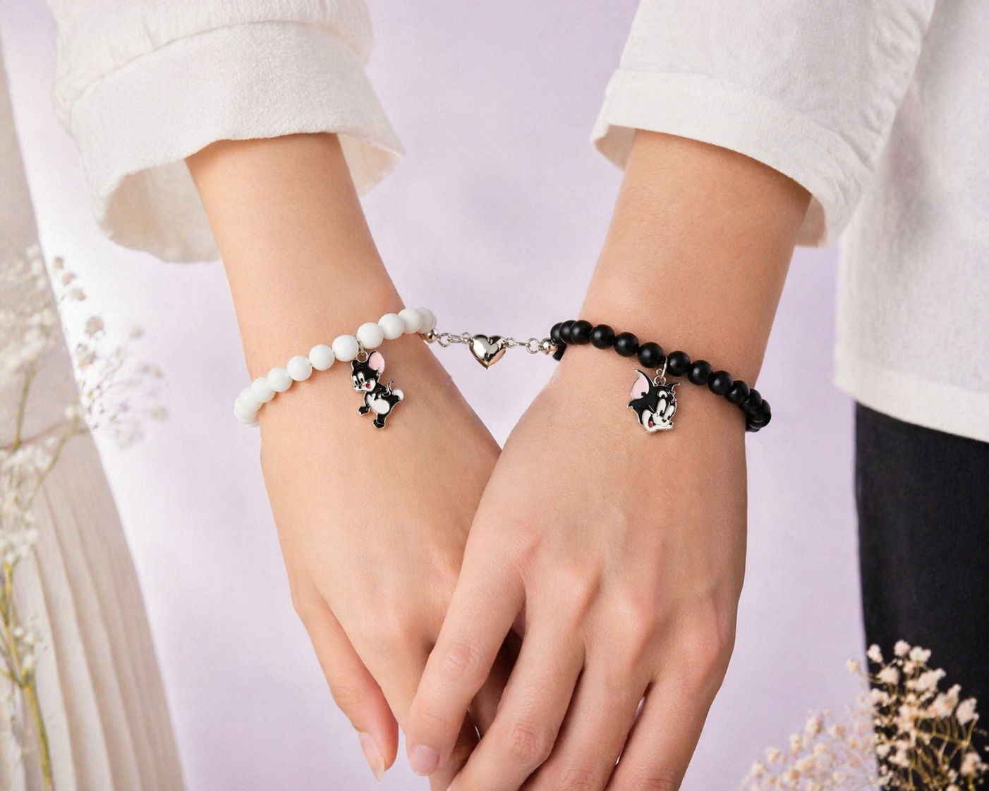 Couple Magnetic Heart Bracelet Set – Black & White Beads