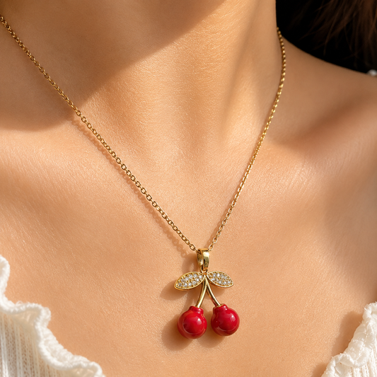 Anti Tarnish Twin Cherry Charm Necklace