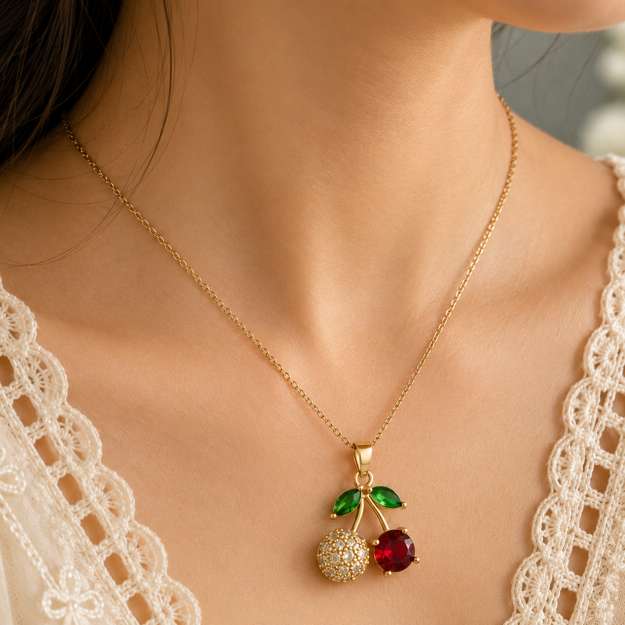 Anti Tarnish Crystal Cherry Necklace