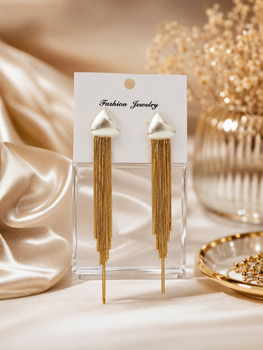 Korean Oval Pearl Tassel Drop Earrings for Women