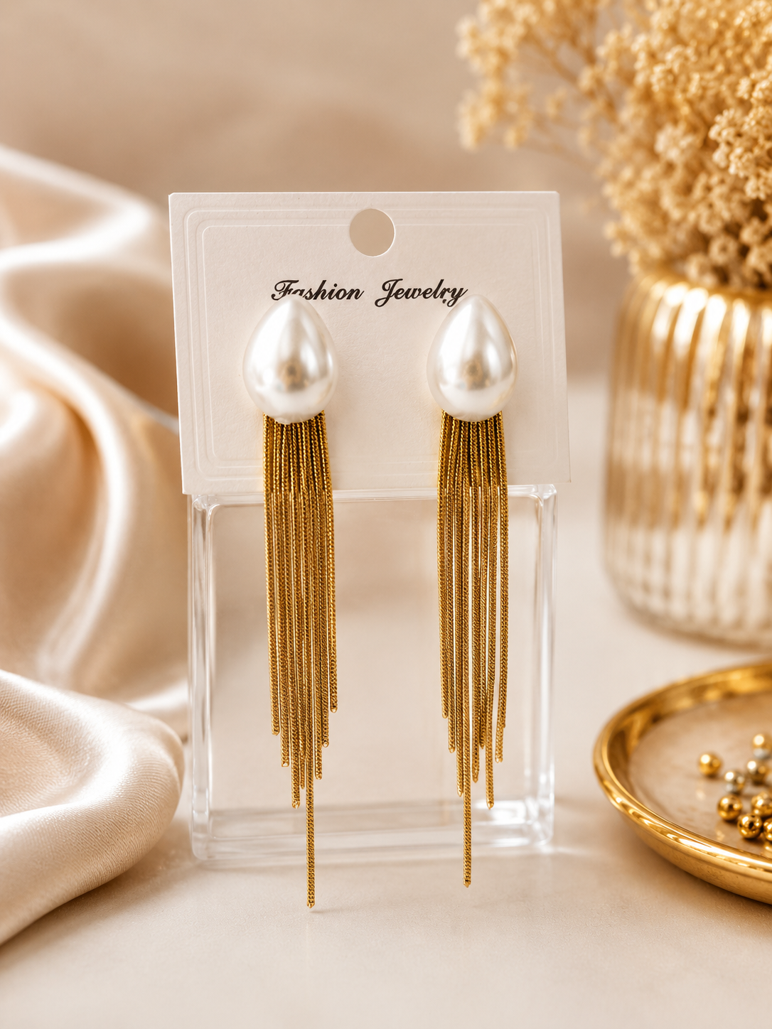 Korean Oval Pearl Tassel Drop Earrings for Women