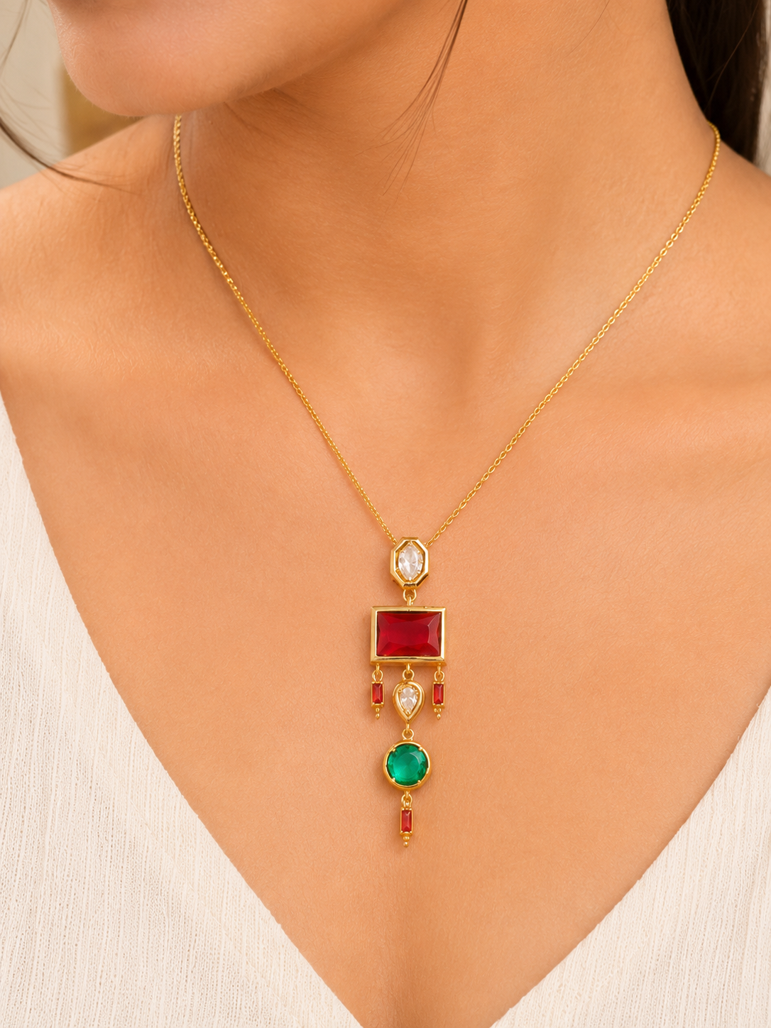 Kiyu Ziyu Anti Tarnish Vintage Emerald Charm Necklace