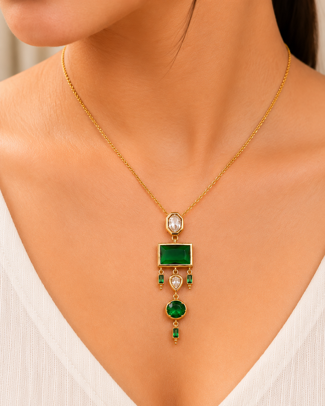 Kiyu Ziyu Anti Tarnish Vintage Emerald Charm Necklace