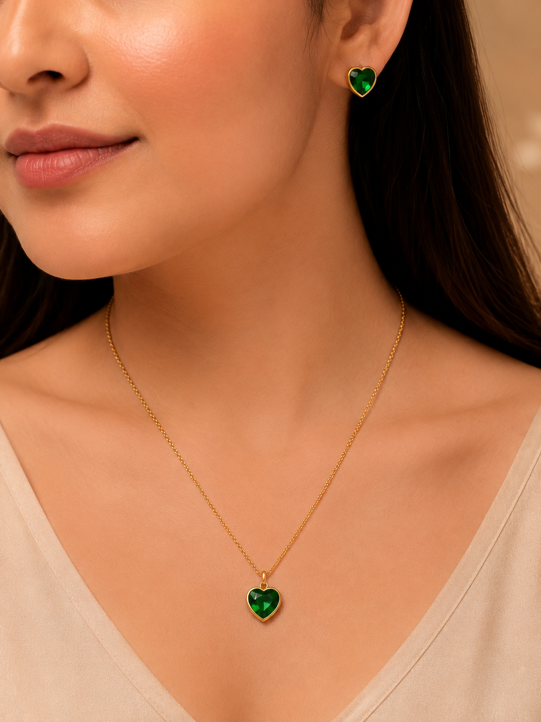 Kiyu Ziyu Anti Tarnish Stone Heart Necklace Set