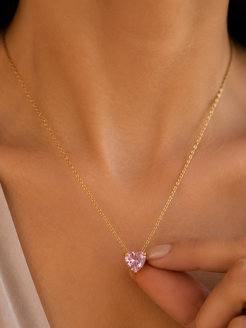 Anti-Tarnish Heart Shape Pink Stone necklace for women