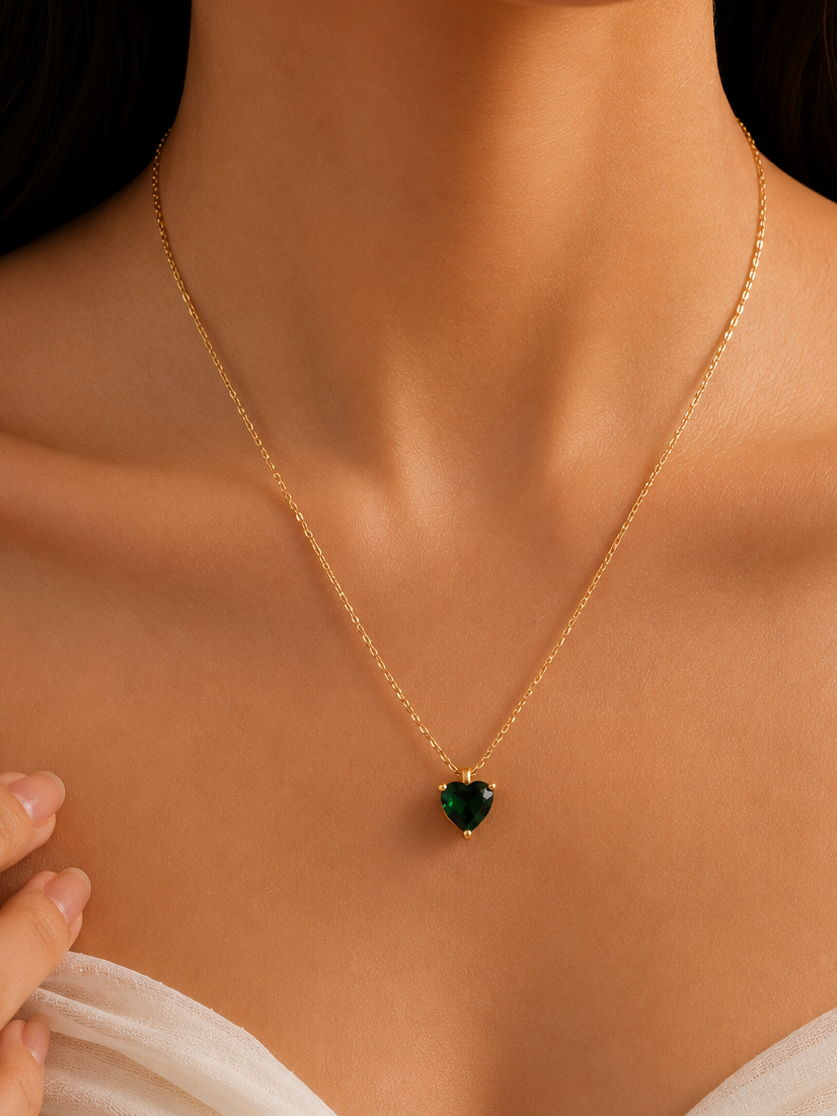Anti-Tarnish Heart Shape Green Stone necklace for women