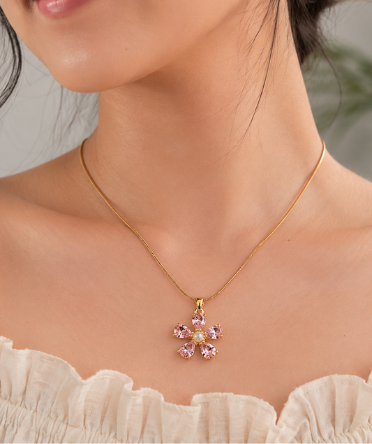 Anti-Tarnish Gold Plated Pink Stone Flower necklace for women