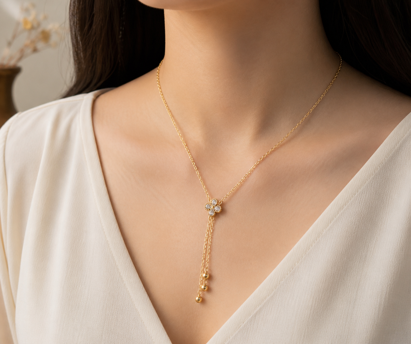 Anti Tarnish Minimal Flower Charm Drop Necklace