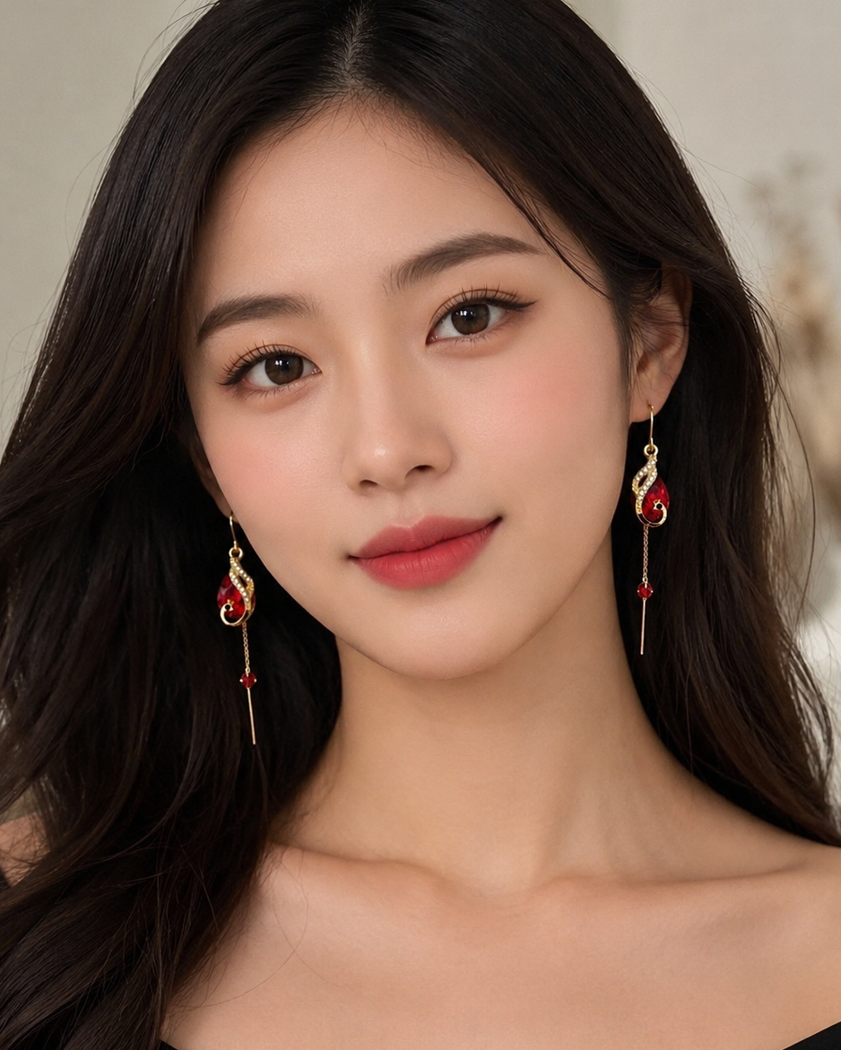 Korean Red sparkling Long Drop Earrings for Women