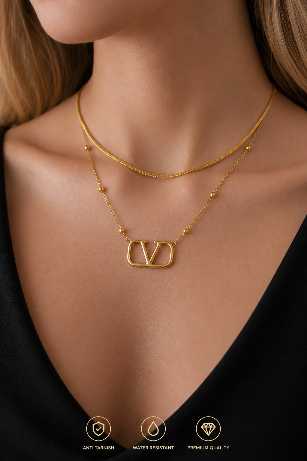 Anti Tarnish Layered V Letter Pendant Necklace – Gold Designer Chain