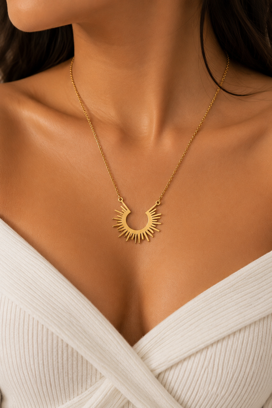 Anti Tarnish Sunburst Pendant Necklace – Gold Stainless Steel Design