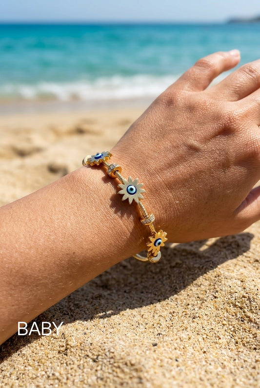 Anti Tarnish Evil Eye Flower Charm Bracelet Baby Size
