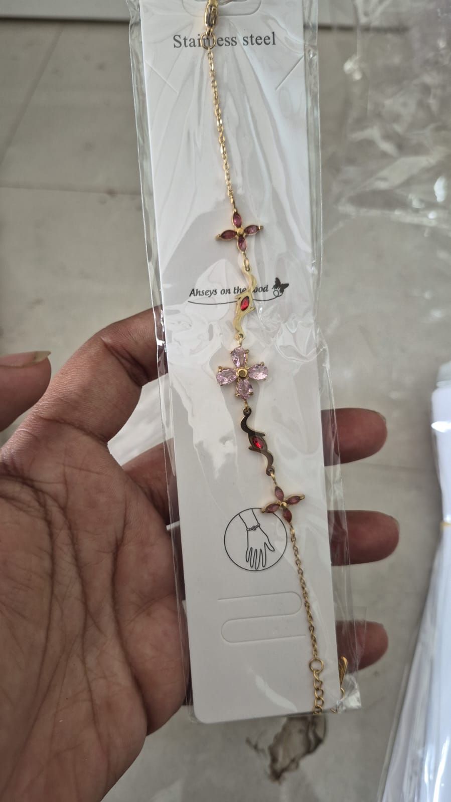 Anti tarnish pink stone chain bracelet