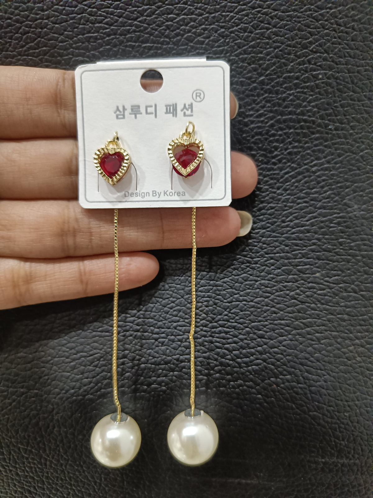 Red Heart Crystal Earrings with Long Gold-Tone Chains and Pearl Drops