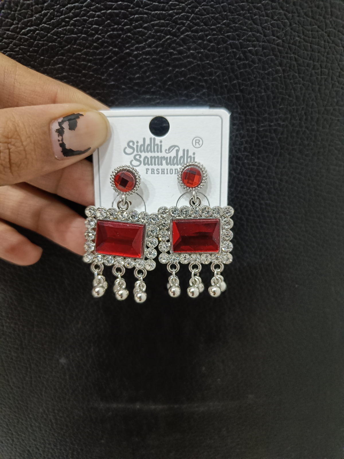 Red Square Crystal Dangle Earrings with Rhinestone Border