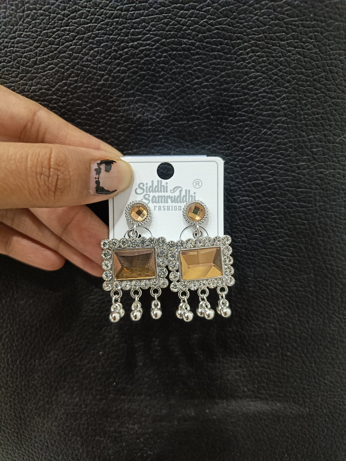 Golden Square Crystal Dangle Earrings with Rhinestone Border