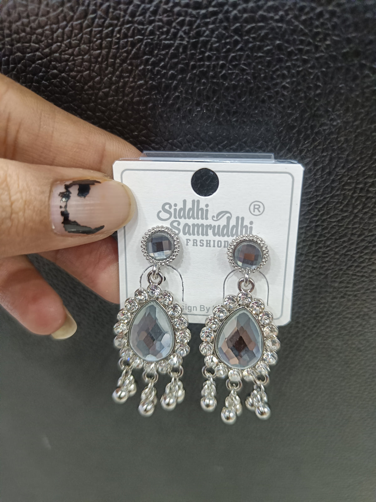Grey Teardrop silver Crystal Dangle Earrings with Rhinestone Halo